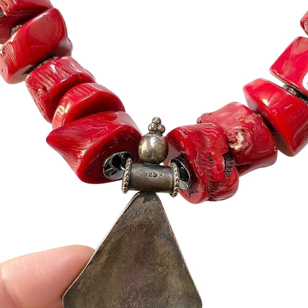 Chunky Red Coral Statement Necklace Sterling Silver Pendant 20” 10.3oz‎ - Picture 6 of 14